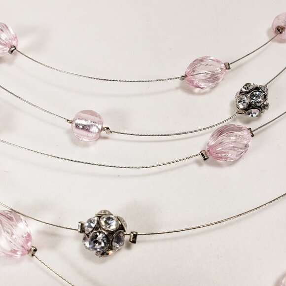 Elegant Light Pink Beaded Illusion Necklace Set – Silver-Tone Matching Earrings - Picture 6 of 9